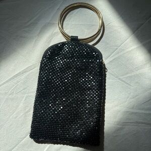 Black Crystal Wristlet Clutch with Gold Ring Handle